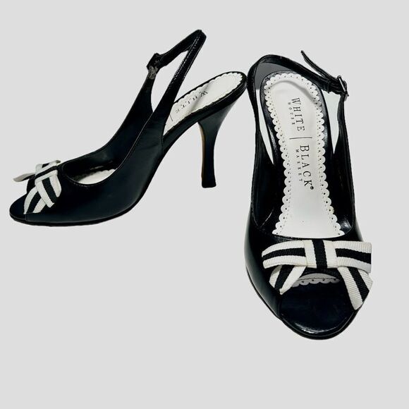 White House Black Market Shiny Black Slingback Heels White Bow Peep Toe Leather - Picture 1 of 9